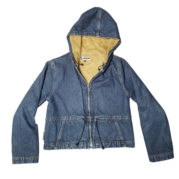 Vtg RARE Americanino Sherpa Denim cropped Zip up Hoodie - Picture 1 of 9